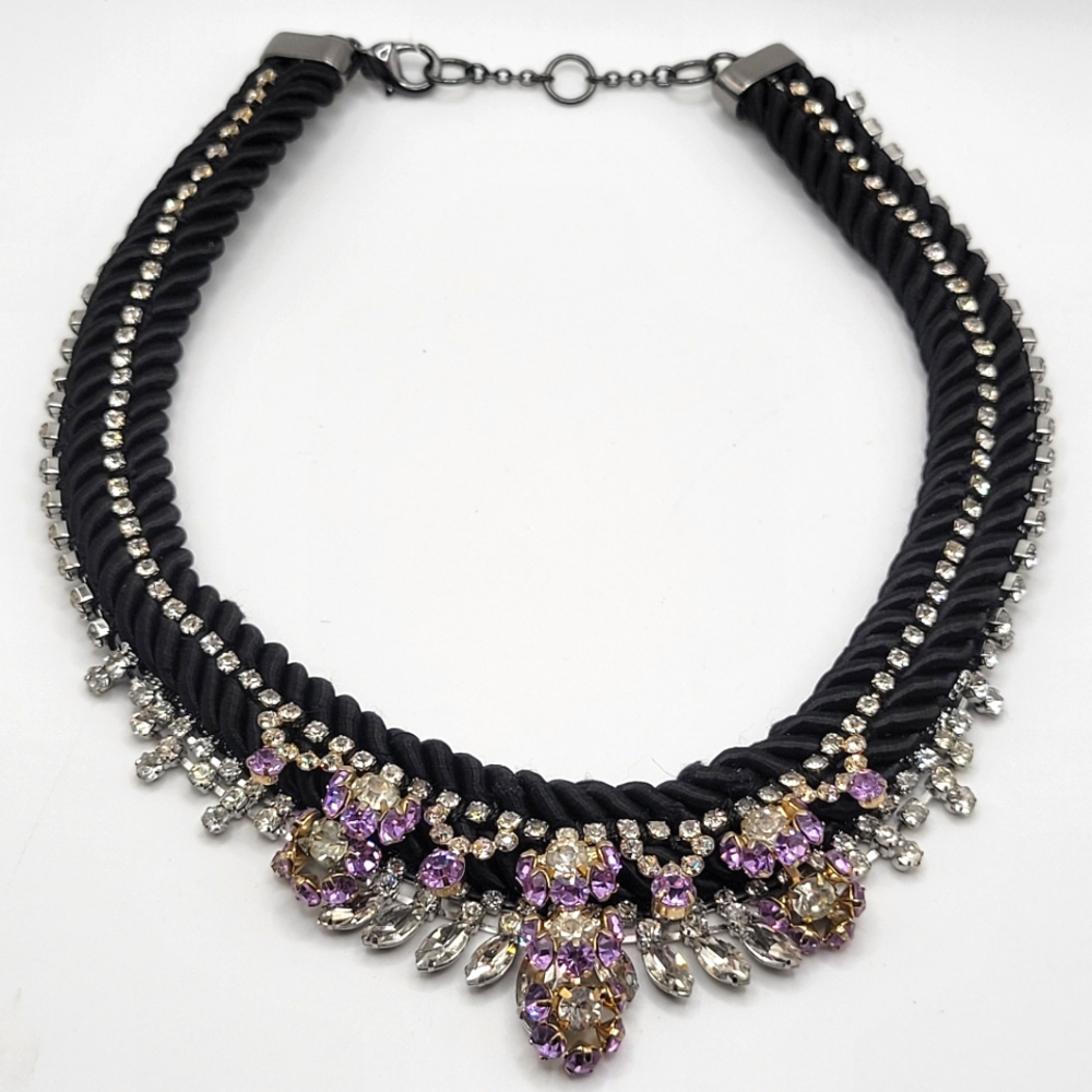Banana Republic Necklace | Black Silky Rope with Purple & Clear Rhinestones